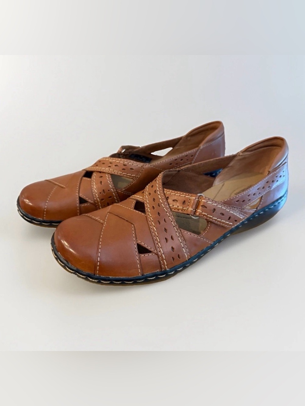Clarks Bendables Ashland Spin Q Shoes Women’s Size 9 Narrow Leather Slip On Tan